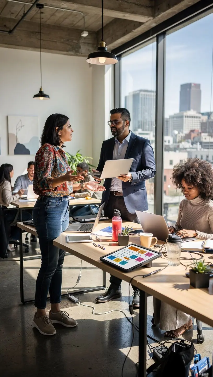 Photo of a diverse team collaborating around a laptop displaying workflow automation software dashboard.